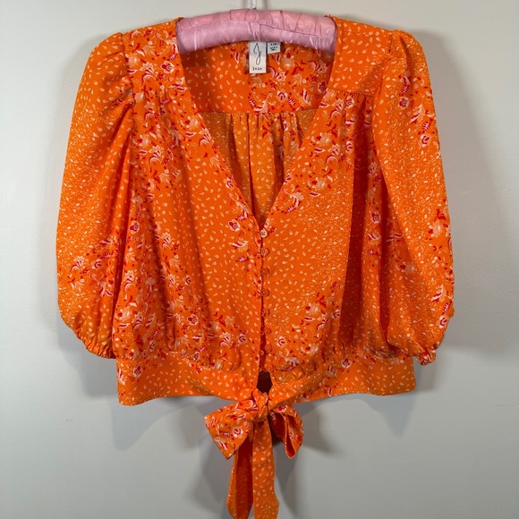 Joie Tops - Joie Orange w/ Small Floral Print Crop Top with Elbow Length Puff Sleeves Size L